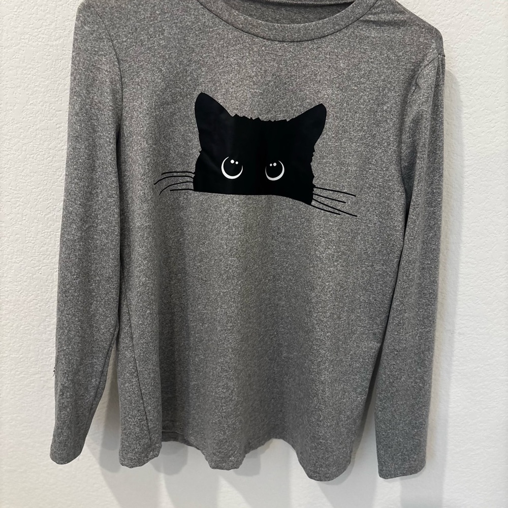 Gray Cat Print Long Sleeve Shirt